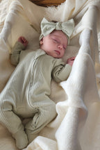 Light Sage organic cotton baby sleeper NB , 0-3M, 3-6M, 6-12M, 12-18mMCanada;Light Sage newborn romper NB Canadian boutique;Light Sage infant sleeper NB organic cotton Canada