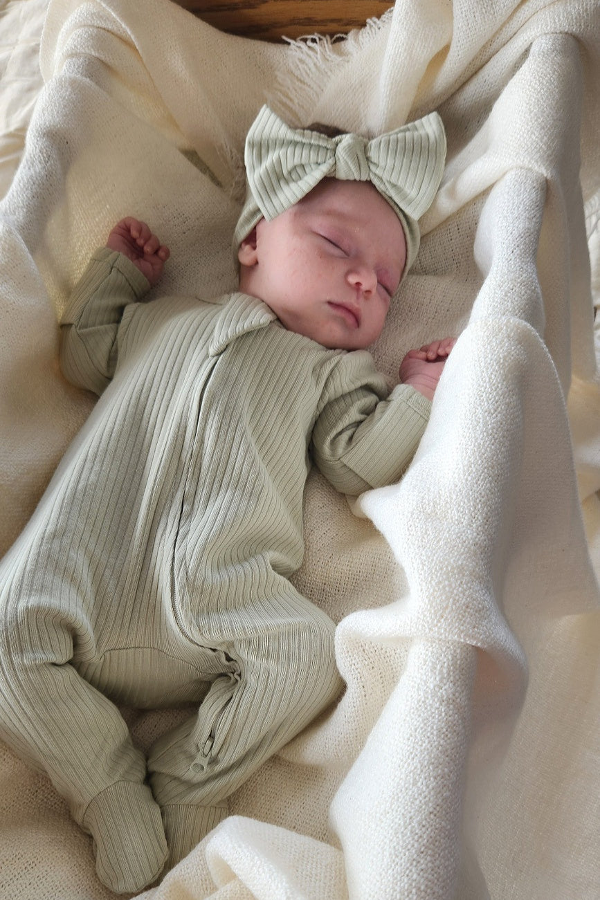 Light Sage organic cotton baby sleeper NB , 0-3M, 3-6M, 6-12M, 12-18mMCanada;Light Sage newborn romper NB Canadian boutique;Light Sage infant sleeper NB organic cotton Canada