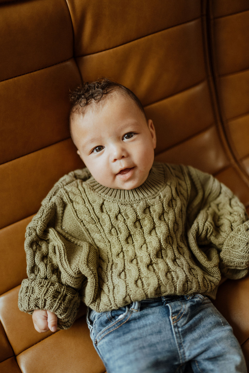 Olive cable knit baby sweater Canada; Olive toddler knit sweater ba.be.O; Olive green knit sweater kids Canada