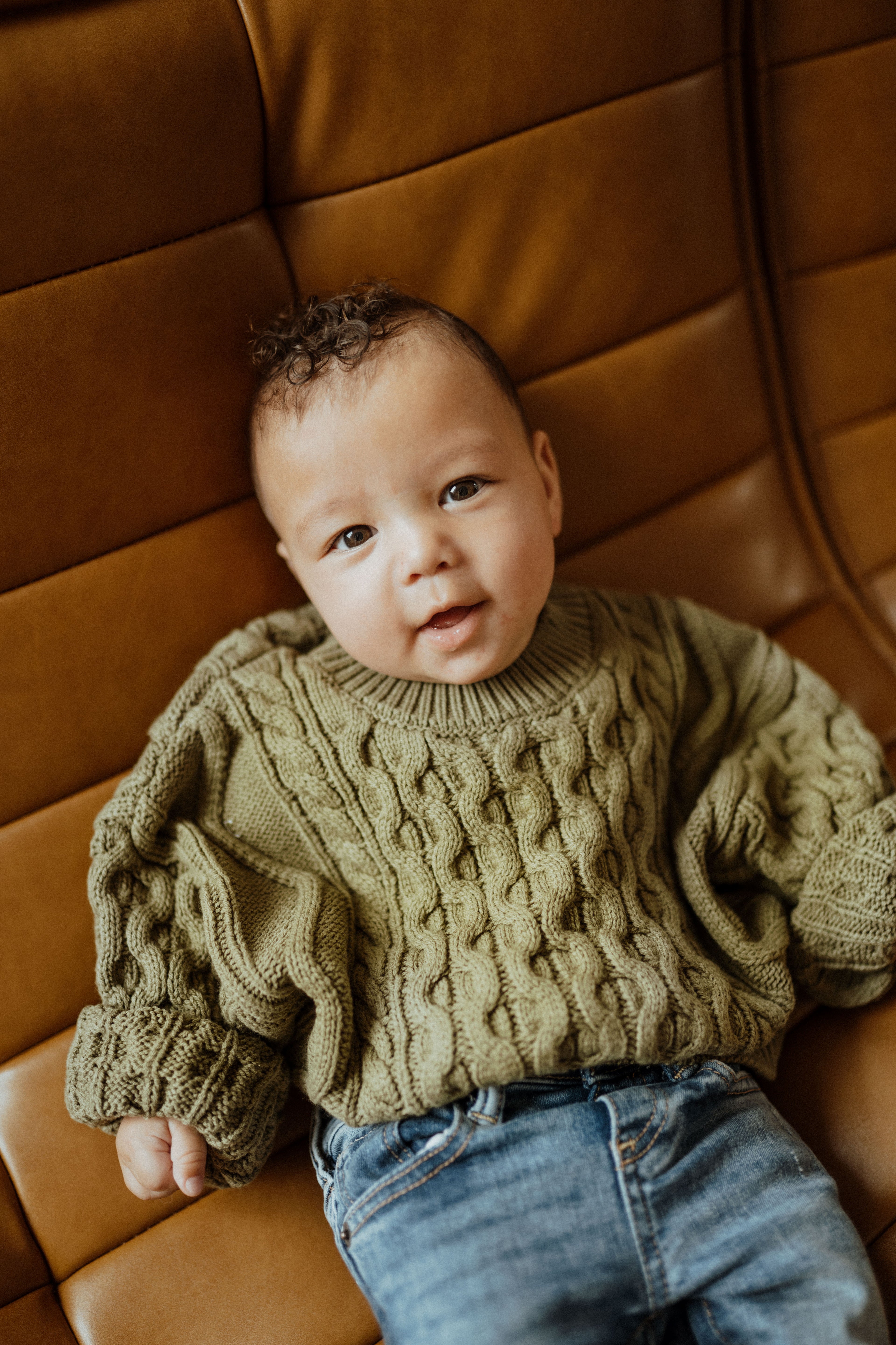 Olive cable knit baby sweater Canada; Olive toddler knit sweater ba.be.O; Olive green knit sweater kids Canada