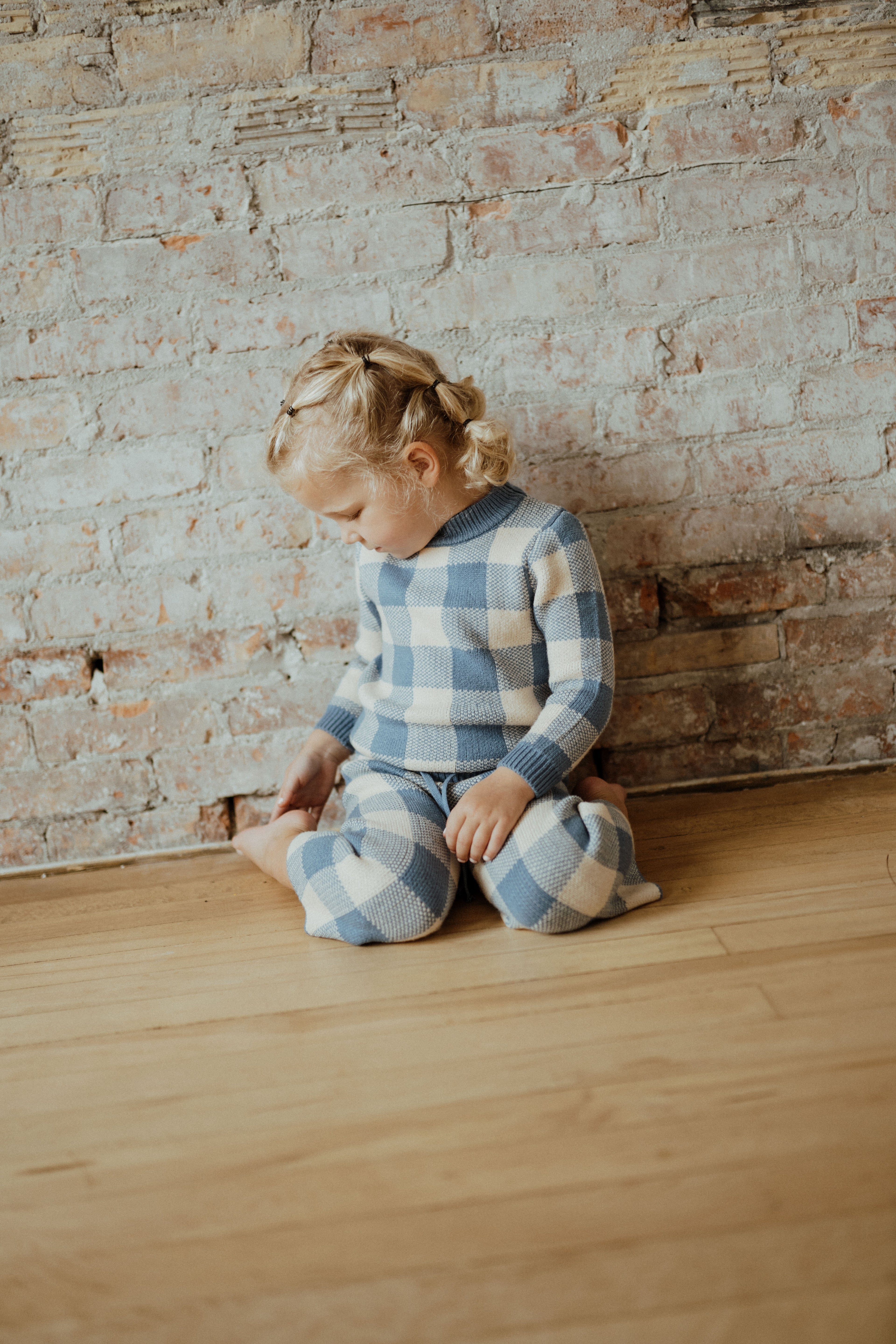 Blue checkered knit baby suit; Blue toddler knit outfit ba.be.O; blue checkered knit two piece baby set.