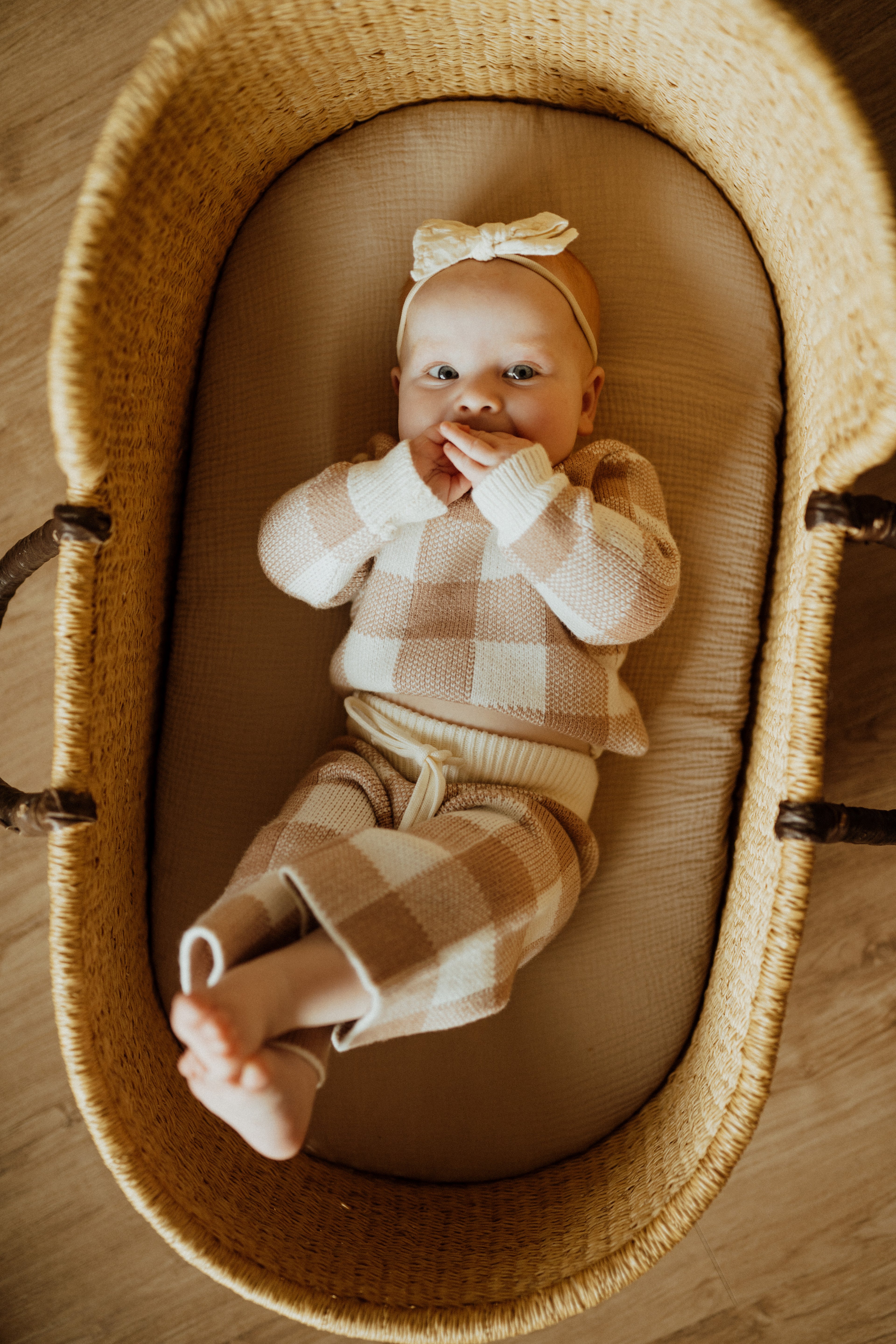 Dusty Rose checkered knit baby suit; Dusty Rose toddler knit outfit ba.be.O; pink checkered knit two piece baby set